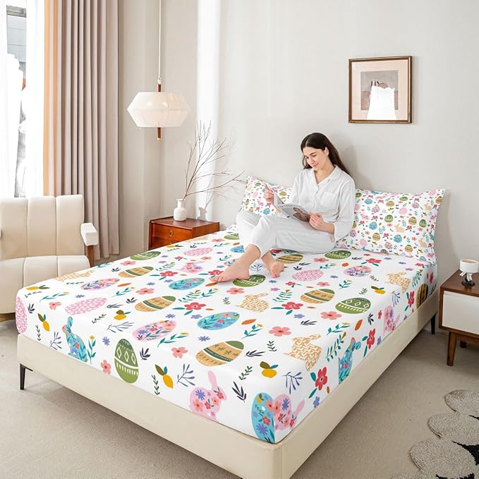 Happy Easter Fitted Sheet Twin Size Easter Egg Cute Rabbit Bedding Set for Kids Bedroom Floral Spring Flowers Bed Sheet Set 2pcs Colorful Deep Pocket Mattress Cover,No Top Flat