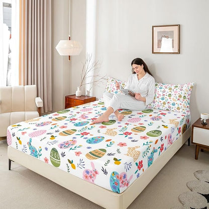 Happy Easter Fitted Sheet Full Size Easter Egg Cute Rabbit Bedding Set for Kids Bedroom Floral Spring Flowers Bed Sheet Set 3pcs Colorful Deep Pocket Mattress Cover,No Top Flat