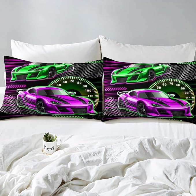 Pink Green Racing Car Fitted Sheet Extreme Sports Bed Sheet Set for Kids Children Teens Street Art Style Bed Cover Toddler Bedroom Decor,Twin Size