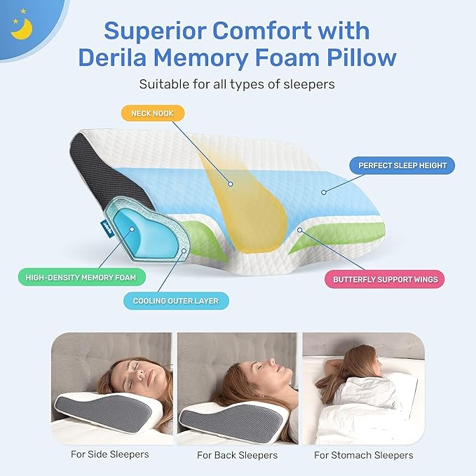 Derila Cervical Queen Size Pillow for Sleeping - Support Pillow for Side, Back, Stomach Sleepers - Contour Best Bed Pillows for Sleeping 23.6" x 13.4" x 4.3"