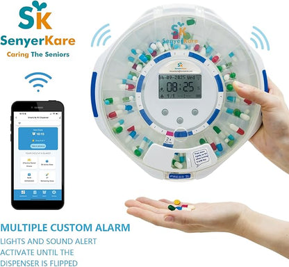 28-Day Smart WiFi Automatic Pill Dispenser w/Sound & Light & App Alerts for Elderly & Alzheimer’s Care, Up to 9 Alarms/Day, Medication Organizer with Lock for Prescriptions & More, Clear