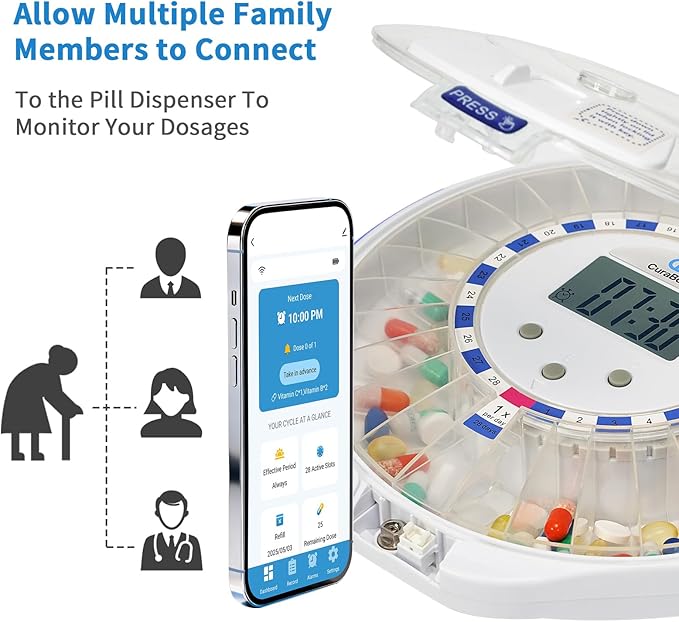 Automatic Pill Dispenser with Bluetooth, 28 Day Medication Organizer Easy-Read LCD Display with Locking Key, Adjustable Sound Alarms for Medication, Vitamins, Supplements