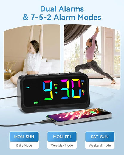 Alarm Clock for Kids Teens, Dynamic RGB Alarm Clock for Bedroom Bedside, Nightstand Desk Clock with Night Light, Large Numbers, 2 USB Phone Charger, Dimmer and Volume Control, Snooze, 12/24Hr