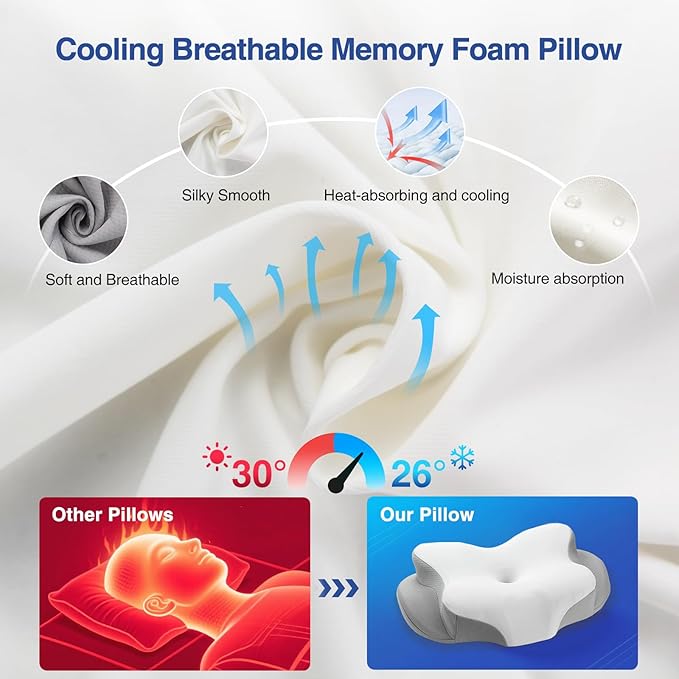 Cervical Neck Pillow - Cooling Pillow for Neck Pain Relief, Side Sleeper Pillow, Ergonomic Neck Pillow, Contour Orthopedic Memory Foam Pillows for Side Back Stomach Sleepers with Pillowcase