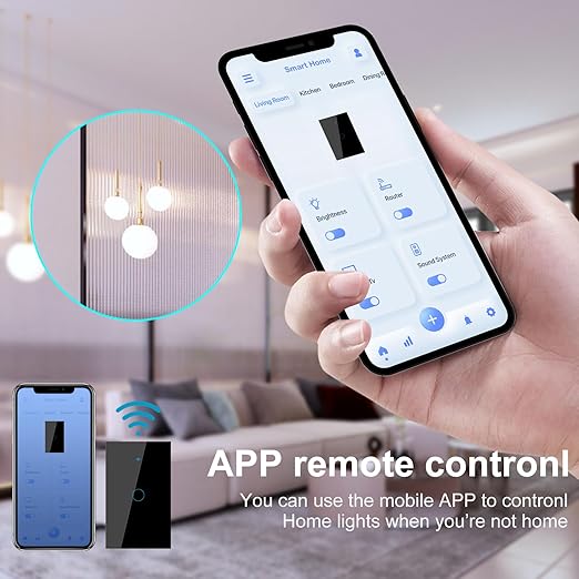 WiFi Smart Wall Light Switch,US Standard ，Voice Control ，Tempered Glass Panel, 2.4GHz Wi-Fi Touch Switches, Remote Control Smart Life/Tuya App, (1Gang-Black)