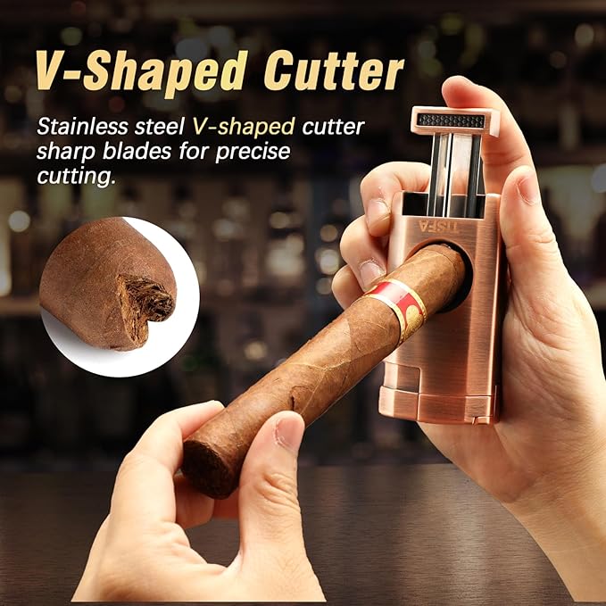 TISFA Cigar Humidor, Leather Cigar Case with Cigar Lighter, Cigar Cutter V Cut, Cigar Stand 3 in 1, Portable Travel Humidor with Humidifier, Cigar Gift Cedar Wood Cigar Box (Dark Brown)