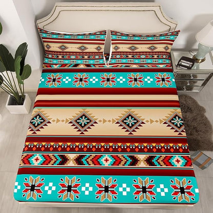 Manfei Aztec Geometric Kids Sheet Twin Size,Southwest Tribal Ethnic Boho Bedding Set, Rustic Farmhouse Bohemian Boys Girls Room Decor, Teal Red Brown Sheet(Fitted+Flat+1 Pillowcase)