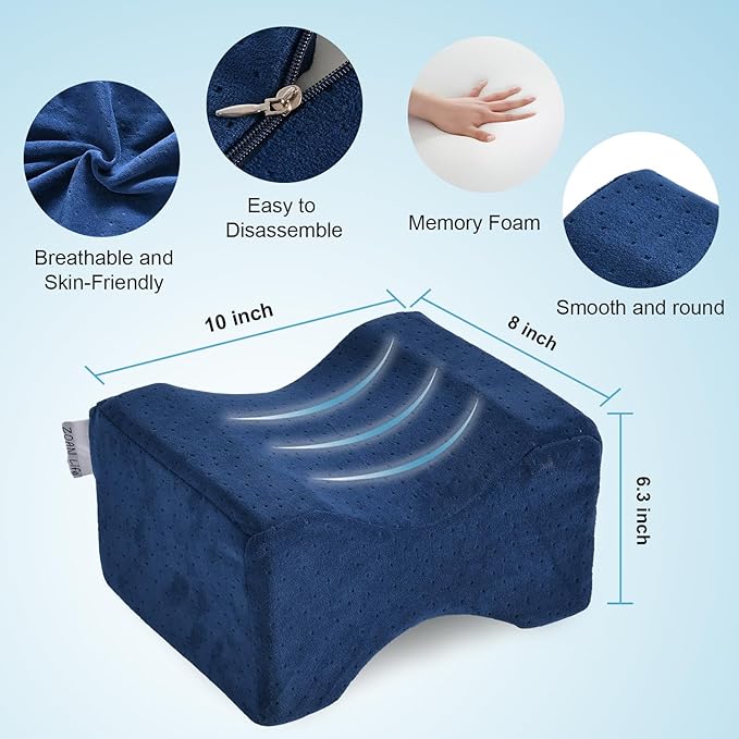 ZOAN Knee Pillow for Side Sleepers, Memory Foam Leg Pillow for Side Sleeping, Knee Pillow for Hp Pain Relief-Sciatica Pain Relief Blue