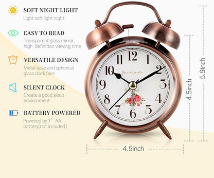 Super Loud Alarm Clock For heavy sleepers,4 inches Twin Bell Alarm Clock with Backlight,Battery Operated,Silent Non Ticking,For Kids,Adults,Bedrooms,Retro decor Desk Analog Clocks. (Copper Red)