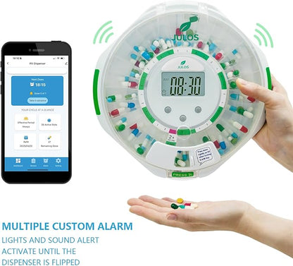 JULOS Bluetooth 28-Day Automatic Pill Dispenser with Lock, Medication Organizer up to 9 Alarms/Day, Sound & Light Alarms, Ezi-Read LCD & App Alert for Prescriptions, Vitamins, Clear Lid