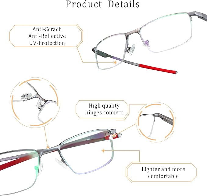 LifeArt Blue Light Blocking Glasses, Anti Eyestrain, Computer Reading Glasses, Gaming Glasses, TV Glasses for Women Men, Stylish Unisex Alloy Square Frame (Silver Red, +3.00 Magnification)