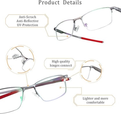 LifeArt Blue Light Blocking Glasses, Anti Eyestrain, Computer Reading Glasses, Gaming Glasses, TV Glasses for Women Men, Stylish Unisex Alloy Square Frame (Silver Red, +1.50 Magnification)