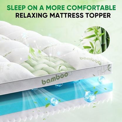 California King Mattress Topper, 3 in 1 Memory Foam Mattress Topper for Back Pain, 2" Fluffy Cooling Mattress Toppers Breathable Viscose Made from Bamboo and 2.5" Dual Firmness Gel Memory Foam.
