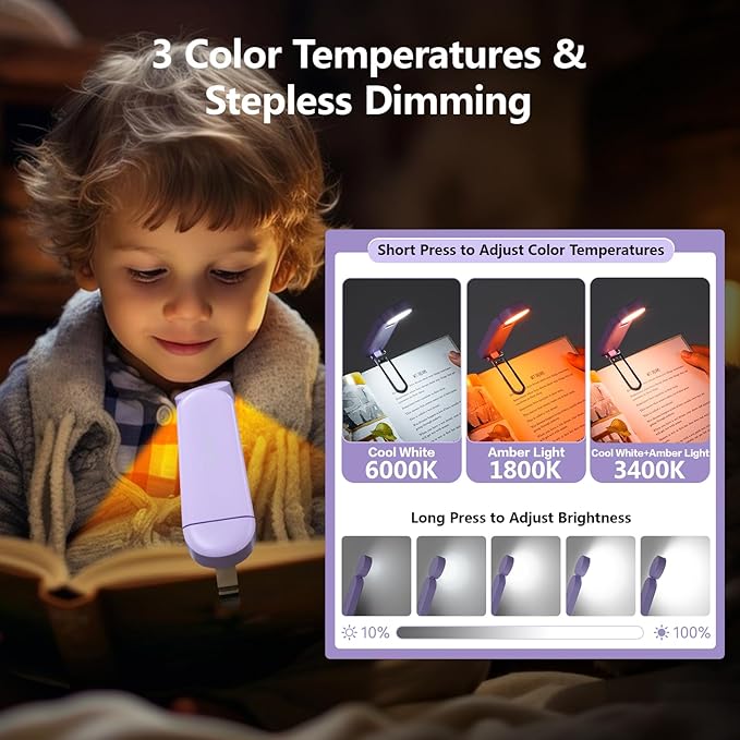 VAVOFO USB Rechargeable Book Light, Blue Light Blocking, Amber Clip On Bookmark Reading Light for Bookworms with Eye Care 6 LED Modes