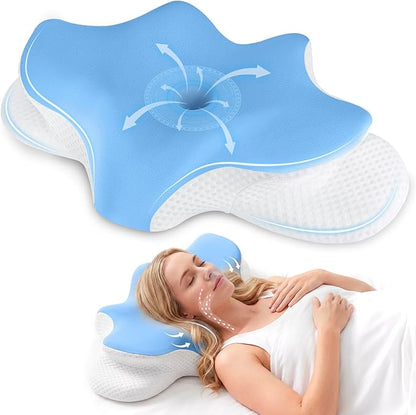 Cervical Neck Pillow for Pain Relief, Ergonomic Contour Pillow for Sleeping, 2 Heights Cooling Pillow for Neck and Shoulder Support, Memory Foam Orthopedic Pillow for Side Back Stomach Sleepers Blue