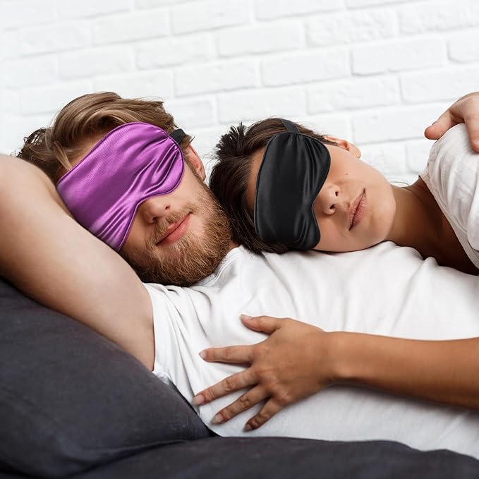 3 Pcs Sleep Mask, Satin Blackout Eye Mask Cover with Adjustable Strap, Silk Night Blindfold Eyeshade Nap for Men & Women Travel Sleeping (Black, Pink, Purple)