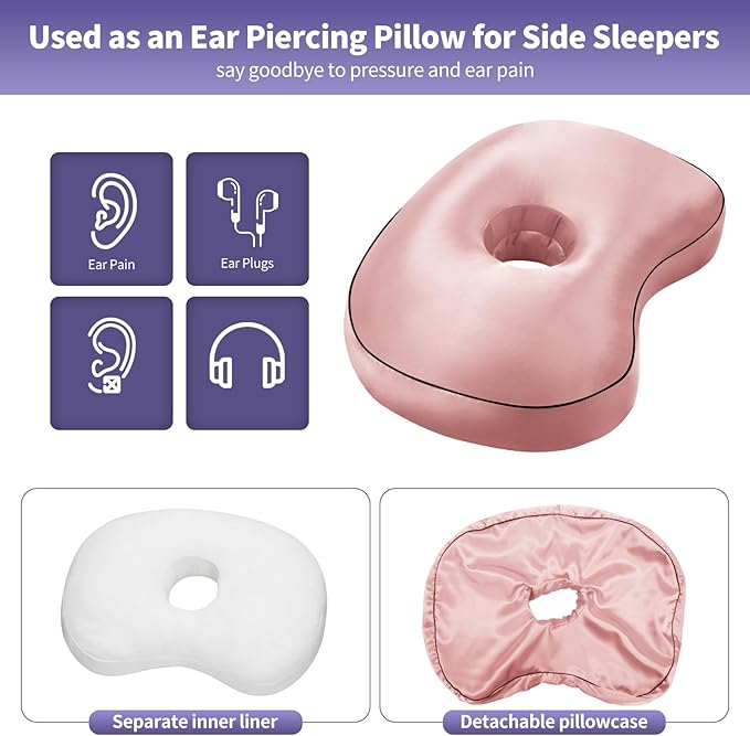 Pink Ear Piercing Pillow - Side Sleeper Support with 3.5" Ear Hole Relief, Hypoallergenic Orthopedic Pillow for Healing Piercings