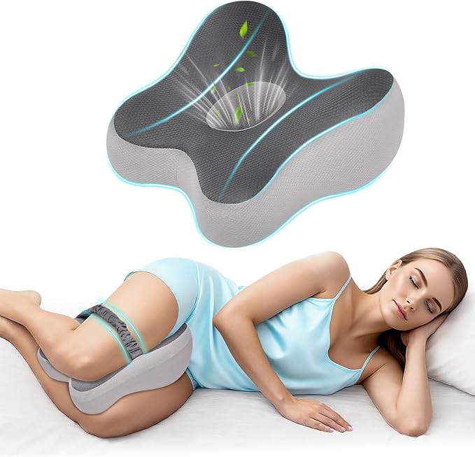 Knee Pillow for Side Sleepers Memory Foam Sciatica Pain Relief Leg Pillow, Removable Breathable Cover & Elastic Strap Grey