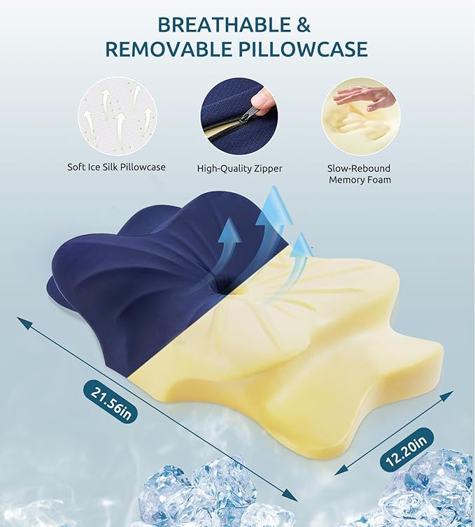 Memory Foam Cervical Pillow for Neck and Shoulder, Ergonomic Contour Cervical Neck Pillow for Sleeping, Cooling Neck Support Pillows for Side Back Stomach Sleeper Standard Size Deep Blue