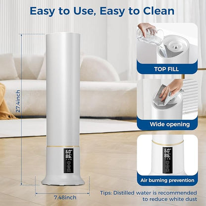 Humidifier Large Room,2.4Gal Cool Mist Humidifiers for Bedroom 9L High Capacity 24dB Quiet Air Humificador fit Removable Water Tank 360° Adjustable, Top Fill & Easy Clean with Remote Control （White）