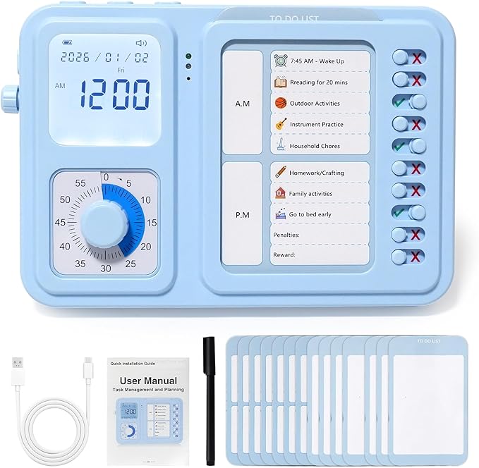 3-in-1 Visual Timer & ADHD Tool for Kids & Adults, Visual Schedule for Kids with Autism, Task Timer with Chore Chart Board, Daily Checklist for Home, School, Classroom, Desk