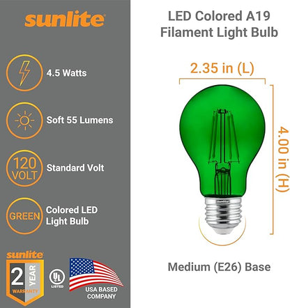 Sunlite 40941 LED Colored Filament A19 Light Bulb, 4.5 Watts, Medium E26 Base, 120 Volts, Transparent Green, Dimmable, 320 Degree Beam Angle, UL Listed, 6 Count