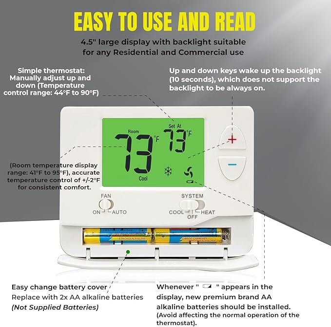 Non-Programmable Conventional Single Stage 1 Heat/1 Cool Energy Saving Digital Thermostat with Green Backlight for Home & Commercial Air Conditioning/Heating/HVAC Systems, Easy DIY Installation