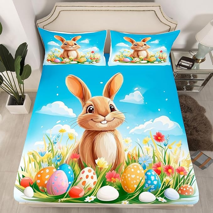 Easter Fitted Sheet Twin Size Easter Egg Funny Rabbit Bedding Set for Kids Bedroom Kawaii Animal Spring Flowers Bed Sheet Set 2pcs Blue Colorful Deep Pocket Mattress Cover,No Top Flat