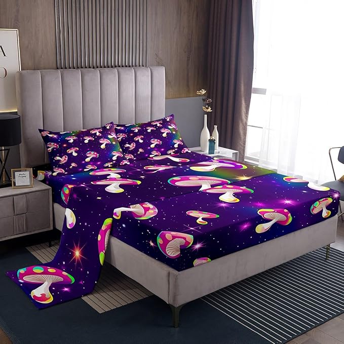 Manfei Mushroom Sheet Set Full,Starry Sky Galaxy Universe Bed Sheet 4pcs with Deep Pocket Fitted Sheet + Flat Sheet + 2 Pillowcases Plant Botanical Theme Bedding Set for Kids Teens Room Decor,Purple
