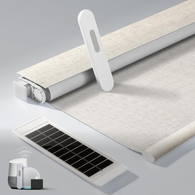 No Drill Motorized Blinds with Remote, Blackout Automatic Blinds with Solar Panel, Cordless Smart Electric Roller Shades for Windows, Beige, 46 x 72