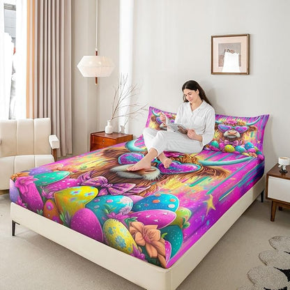 Highland Cattle Fitted Sheet Full Size Funny Animal Happy Easter Bedding Set for Kids Bedroom Cartoon Funny Animal Bed Sheet Set 3pcs Purple Colorful Deep Pocket Mattress Cover,No Top Flat