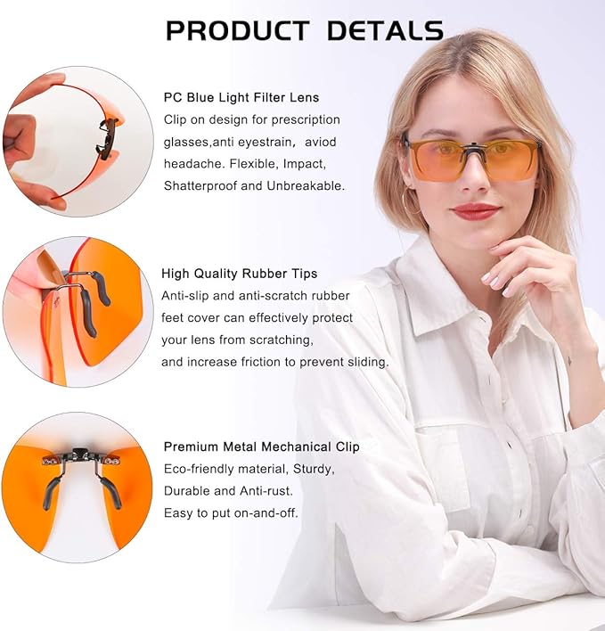 FONHCOO Clip on Blue Light Blocking Glasses Womens Mens over Prescription Glasses Frameless Lens Anti Eyestrain Headaches
