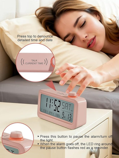 Medication Pill Reminder, RechargeableTalking Alarm Clock with 3 Custom Voice RecordingAlarms, Touch-to-Talk, a Digital Alarm (Clocks Gift forMom/Dad/Seniors/Elderly(Pink)