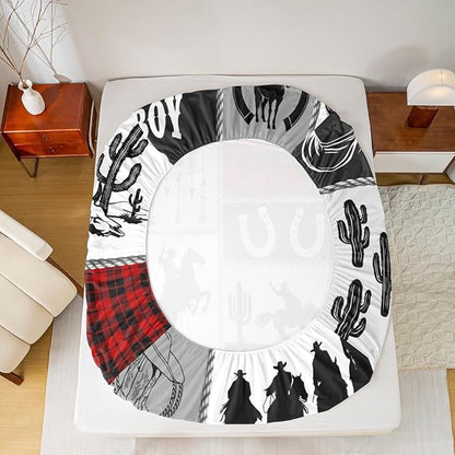 Rustic Farmhouse Horse Kids Sheet Queen Size,Western Cowboy Cactus Bedding Set,Boys Girls Adults Room Decor,Geometric Plaids Arrows Boho Red Xmas Bed Sheet Set 4pcs(Fitted + Flat + 2 Pillowcases)