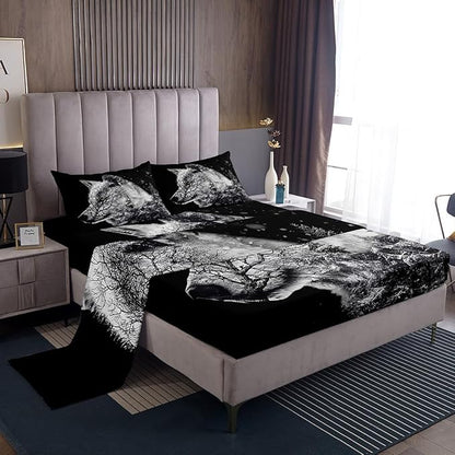 Manfei Wolf Sheet Queen,Winter Pine Bed Sheet Set 4pcs with Deep Pocket Fitted Sheet + Flat Sheet + 2 Pillowcases Plant Animal Theme Black Soft Bedding Set for Kids Teenss Room Decor,Black