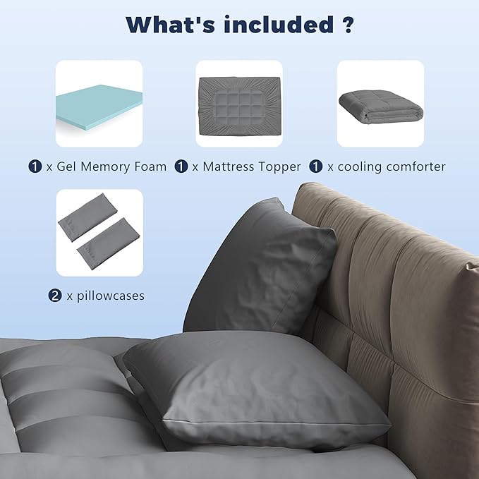 Queen 4 Inch Memory Foam Mattress Topper with Cooling Comforter & 2 Pillow Cases,Dual Layer 2" Gel Memory Foam and 2" Mattress Pad,CertiPur-US Certified,Tencel Fabric,Gray