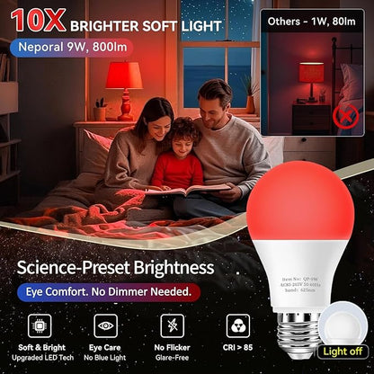 Neporal 625nm Red Light Bulb for Sleep, 100% Blue Light Blocking Bulb for Melatonin Promoting, A19 LED 9W 60W Equivalent Dim Red Night Bulb for Baby Nursery, Sleeping, Reading, Bedroom 1-Pack
