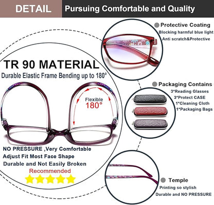 EYEURL Reading Glasses for Women-Blue Light Blocking For Women-3 Pack Computer Readers 4.0 Spring Hinge Anti UV Ray/Eye Strain/Glare Eyeglasses