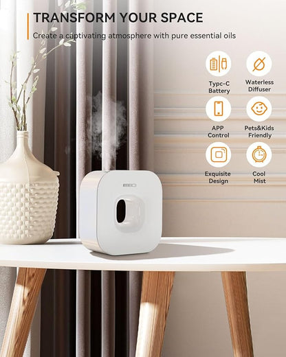 MEIDI Waterless Essential Oil Diffuser - Bluetooth Cordless Aromatherapy Diffuser with App Control, Smart Timer Setting, Hang-up Design and Wide Coverage for Home, Office, Hotel and SPA (White)