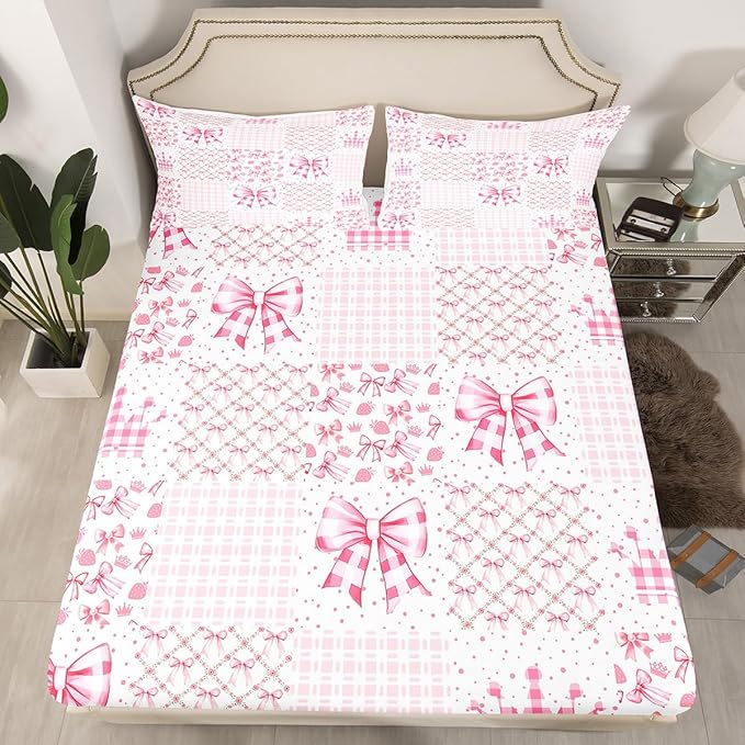 Princess Crown Bed Cover(1 Fitted Sheet+1 Pillow Case),Geometric Pink White Plaids Patchwork Bedding Set,Kawaii Bowknot Fairy Tale Bow-tie Fantasy Bed Sheet Set,3Pcs Full Size