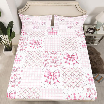 Princess Crown Bed Cover(1 Fitted Sheet+1 Pillow Case),Geometric Pink White Plaids Patchwork Bedding Set,Kawaii Bowknot Fairy Tale Bow-tie Fantasy Bed Sheet Set,3Pcs Full Size