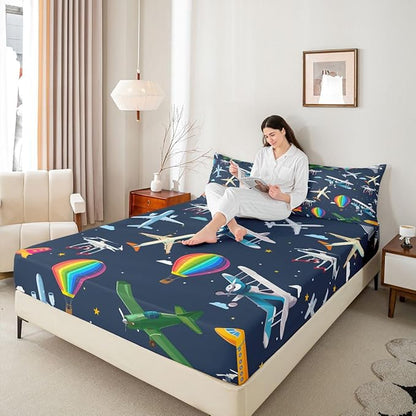 Airplanes Kids Full Size Fitted Sheet,Star Rainbow Hot Air Balloon Boys Girls Bed Sheets,Clouds Cartoon Aircraft Room Decor,Dark Blue Bedding Set,2 Pillowcases(No Flat)