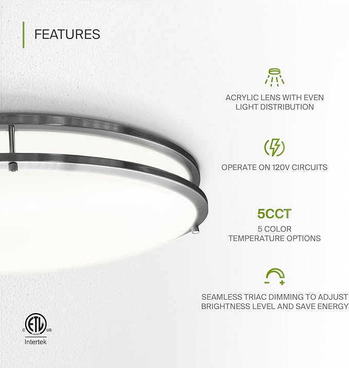 ASD LED 32" Oval Flush Mount Lighting, Close to Ceiling Light Fixture | 5CCT, Dimmable, ETL Listed | 50W 4195LM 2700-5000K 120V | Low Profile Double Ring Lamp | Nickel