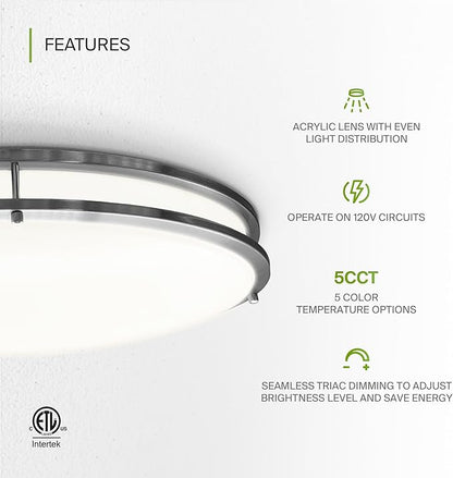 ASD LED 32" Oval Flush Mount Lighting, Close to Ceiling Light Fixture | 5CCT, Dimmable, ETL Listed | 50W 4195LM 2700-5000K 120V | Low Profile Double Ring Lamp | Nickel