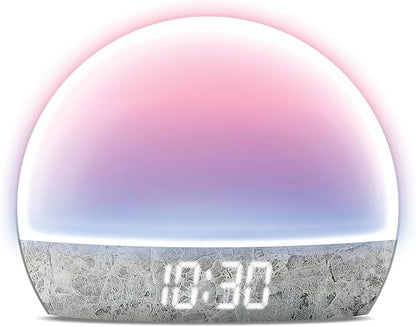 Swissbrand Sunrise Alarm Clock with Multicolor LED Light, USB Charging & Indoor Temperature – Concrete-Print Digital Clock for Bedroom Nightstand