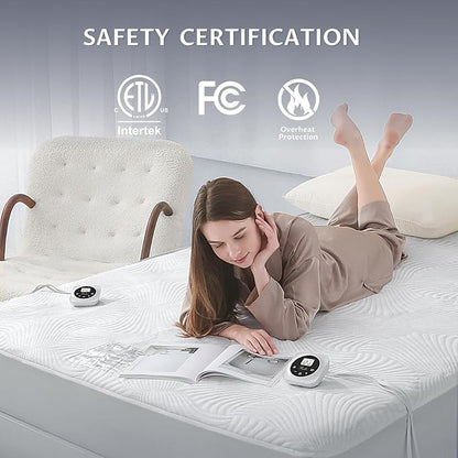 King Size Electric Heated Mattress Pad - Bed Warmer with Memory & Preheat Functions, 12 Heat Settings Dual Control for 1-12 Hours Auto Off, Lighted Button