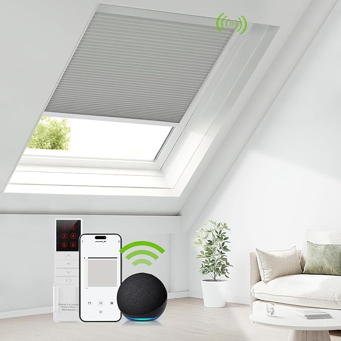 ZSTARR Motorized Skylight Shades Blackout Cellular Honeycomb Electric Blinds with Solar Panel Cordless Rechargeable with Remote for Roof and Slanted Windows (Blackout Earth Grey)