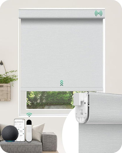 Allesin No Drill Motorized Blinds with Remote | Rechargeable Smart Blackout Roller Shades, Cordless Electric Window Blinds for Bedroom, Living Room, Home Office, Snow-Jacquard 35.5x72 Inches