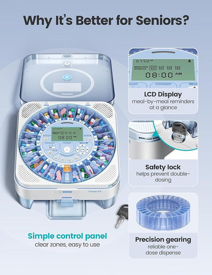 28-Day(1X) Automatic Pill Dispenser for Elderly, One-Button Dispense with Slide Door Cup Drop, Manual No App, Sound/Light Reminder, Moisture-Resistant with Dual Desiccant Slots, Large Compartments