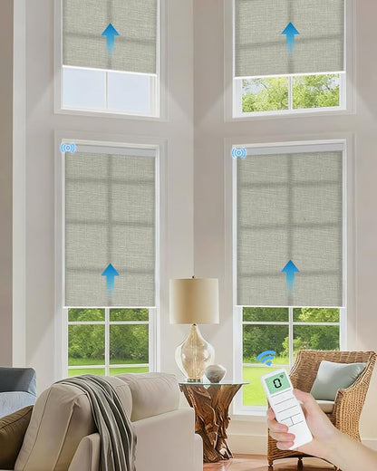 Motorized Light Filtering Roller Shades with Remote Control, Smart Blinds for Windows Compatible with Alexa Google via Hub, Rechargeable Electric Window Shade Customized Size (Light Grey)